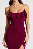 Sheath Burgundy Spaghetti Straps Long Formal Dress with Slit
