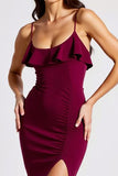 Sheath Burgundy Spaghetti Straps Long Formal Dress with Slit