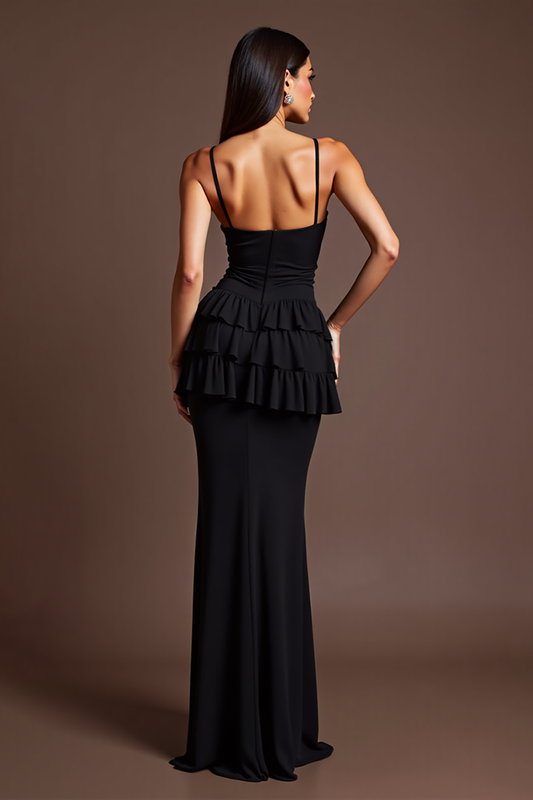 Sheath Black Satin Spaghetti Straps Long Formal Dress with Slit
