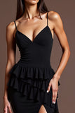 Sheath Black Satin Spaghetti Straps Long Formal Dress with Slit