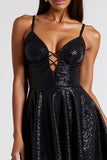 Sparkly Black Sequins A Line Keyhole Formal Dress