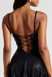 Sparkly Black Sequins A Line Keyhole Formal Dress