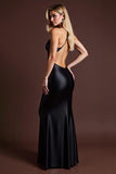 Black Sheath Satin V-Neck Long Formal Dress with Slit