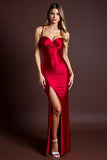 Red Sheath Satin Long Backless Formal Dress with Slit