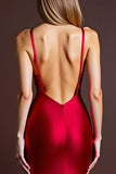 Red Sheath Satin Long Backless Formal Dress with Slit