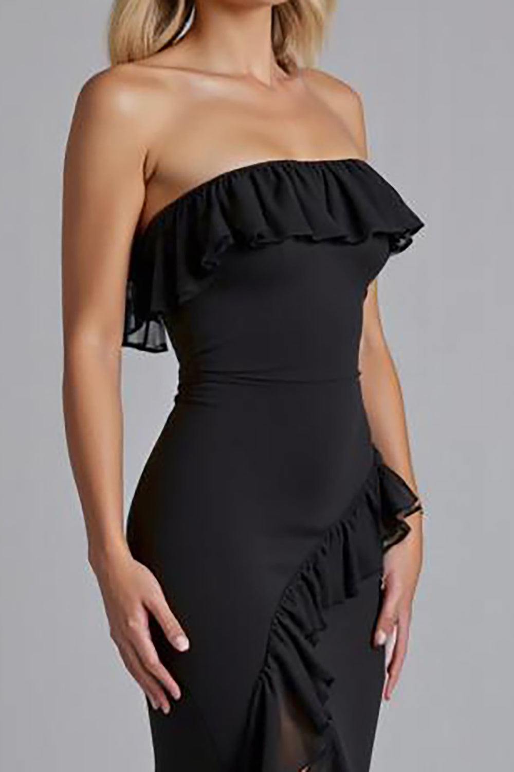 Black Chiffon Sheath Square Neck Long Formal Dress with Slit