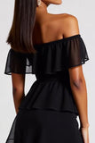 Tiered Chiffon Off the Shoulder Short Little Black Dress