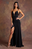 Black Satin Deep V-Neck Long Formal Dress with Slit