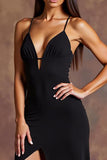 Black Satin Deep V-Neck Long Formal Dress with Slit