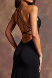 Black Satin Deep V-Neck Long Formal Dress with Slit