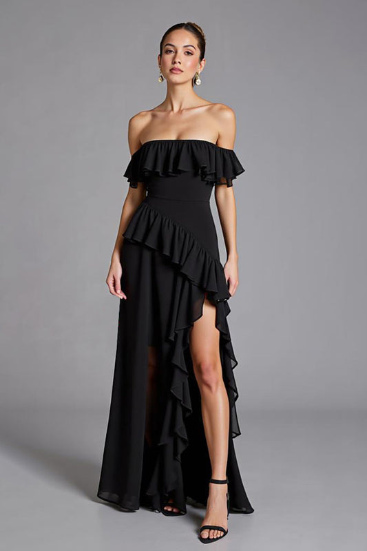 Black Chiffon Square Neck A Line Long Formal Dress with Slit