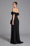 Black Chiffon Square Neck A Line Long Formal Dress with Slit