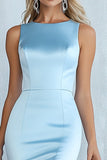 Sky Blue Boat Neck Asymmetrical Mermaid Satin Long Formal Dress