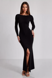 Black Sheath Boat Neck Long Sleeves Formal Dress with Slit