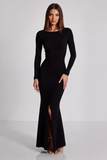 Black Sheath Boat Neck Long Sleeves Formal Dress with Slit