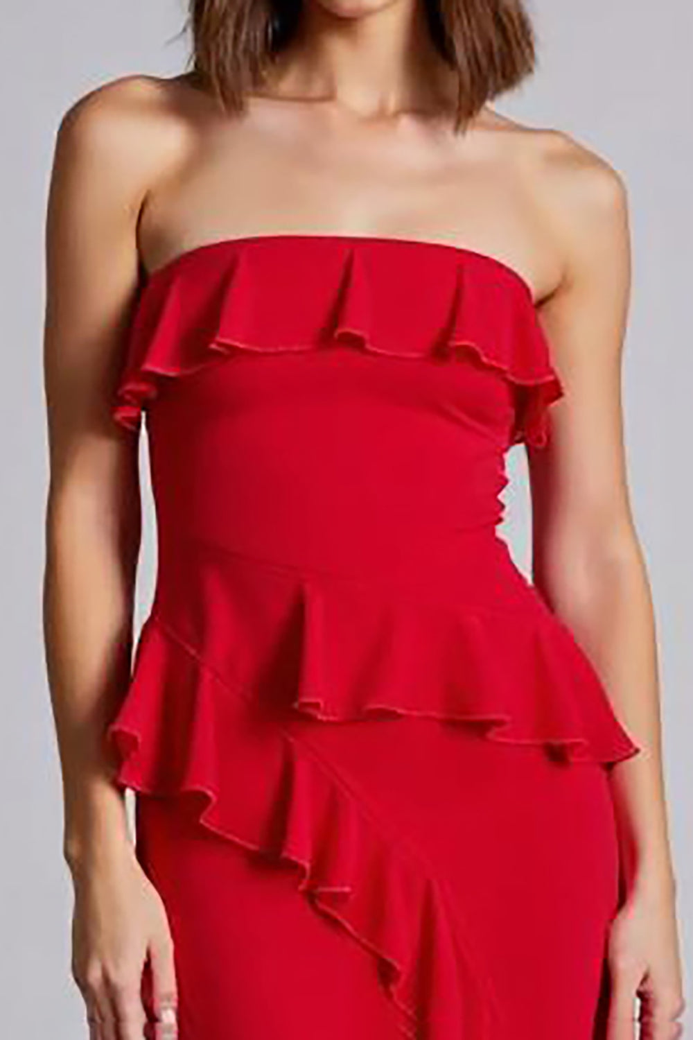 Red A Line Chiffon Long Strapless Formal Dress with Ruffles