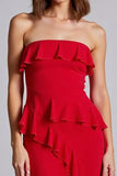 Red A Line Chiffon Long Strapless Formal Dress with Ruffles