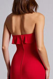 Red A Line Chiffon Long Strapless Formal Dress with Ruffles