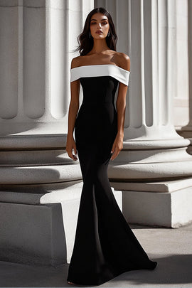 White Mermaid Satin Long Black Tie Dress Off the Shoulder Square Neck Formal Dress