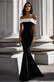 White Mermaid Satin Long Black Tie Dress Off the Shoulder Square Neck Formal Dress