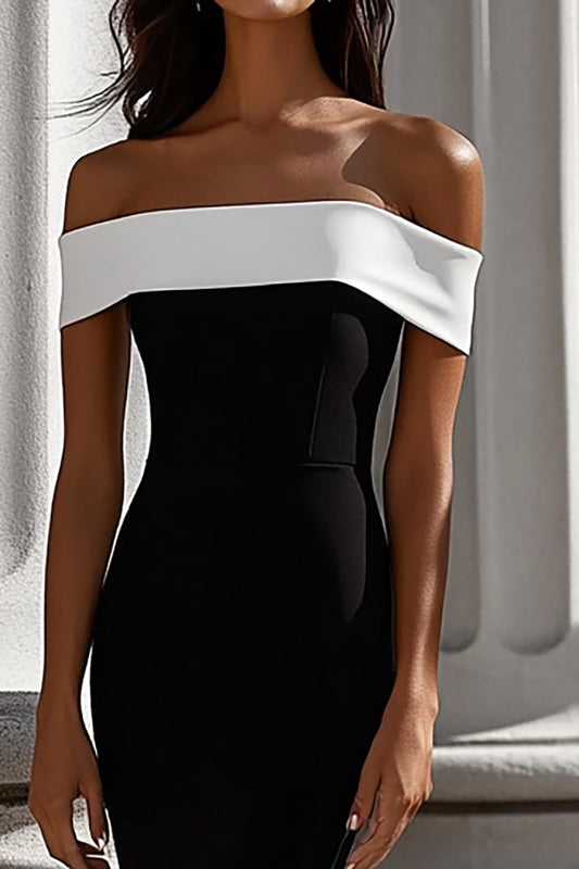 White Mermaid Satin Long Off the Shoulder Black Tie Dress