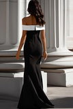 White Mermaid Satin Long Off the Shoulder Black Tie Dress