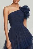 A Line Navy One Shoulder Long Tulle Formal Dress with Ruffles