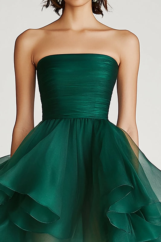 Dark Green A Line Strapless Tulle Short Formal Dress with Ruffles