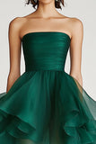 Dark Green A Line Strapless Tulle Short Formal Dress with Ruffles