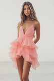 Pink Orange Tiered Tulle A Line Mini Cocktail Dress with Ruffles