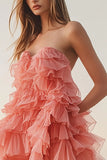 Pink Orange Strapless Sweetheart Mini Cocktail Dress with Ruffles