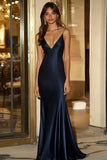 Navy Deep V-Neck Sheath Satin Long Formal Dress