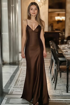 Coffee Sheath Satin V-Neck Long Formal Dress