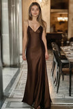 Coffee Sheath Satin V-Neck Long Formal Dress