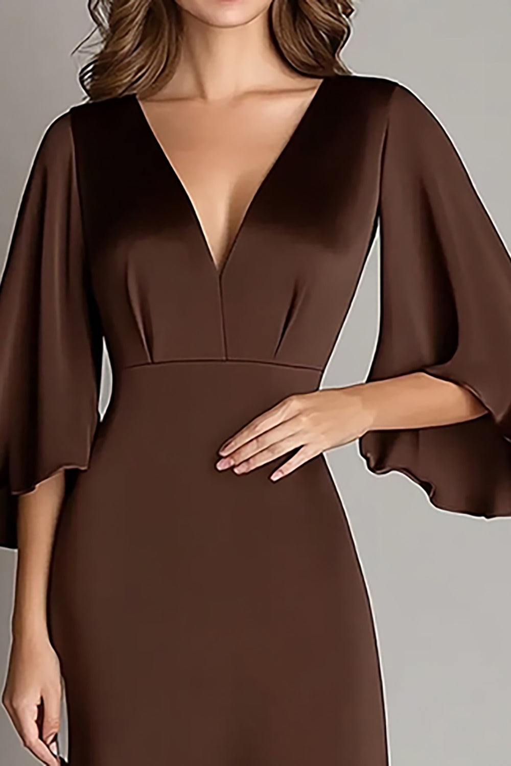 Coffee Sheath V-Neck Formal Dress with Long Sleeves