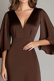 Coffee Sheath V-Neck Formal Dress with Long Sleeves