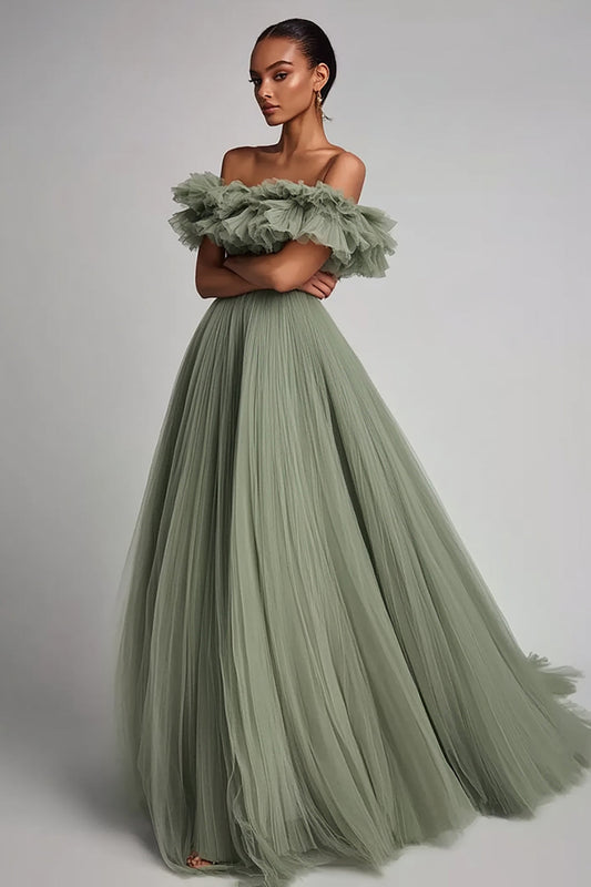 Dusty Sage Tulle Ball Gown Long Formal Dress with Ruffles