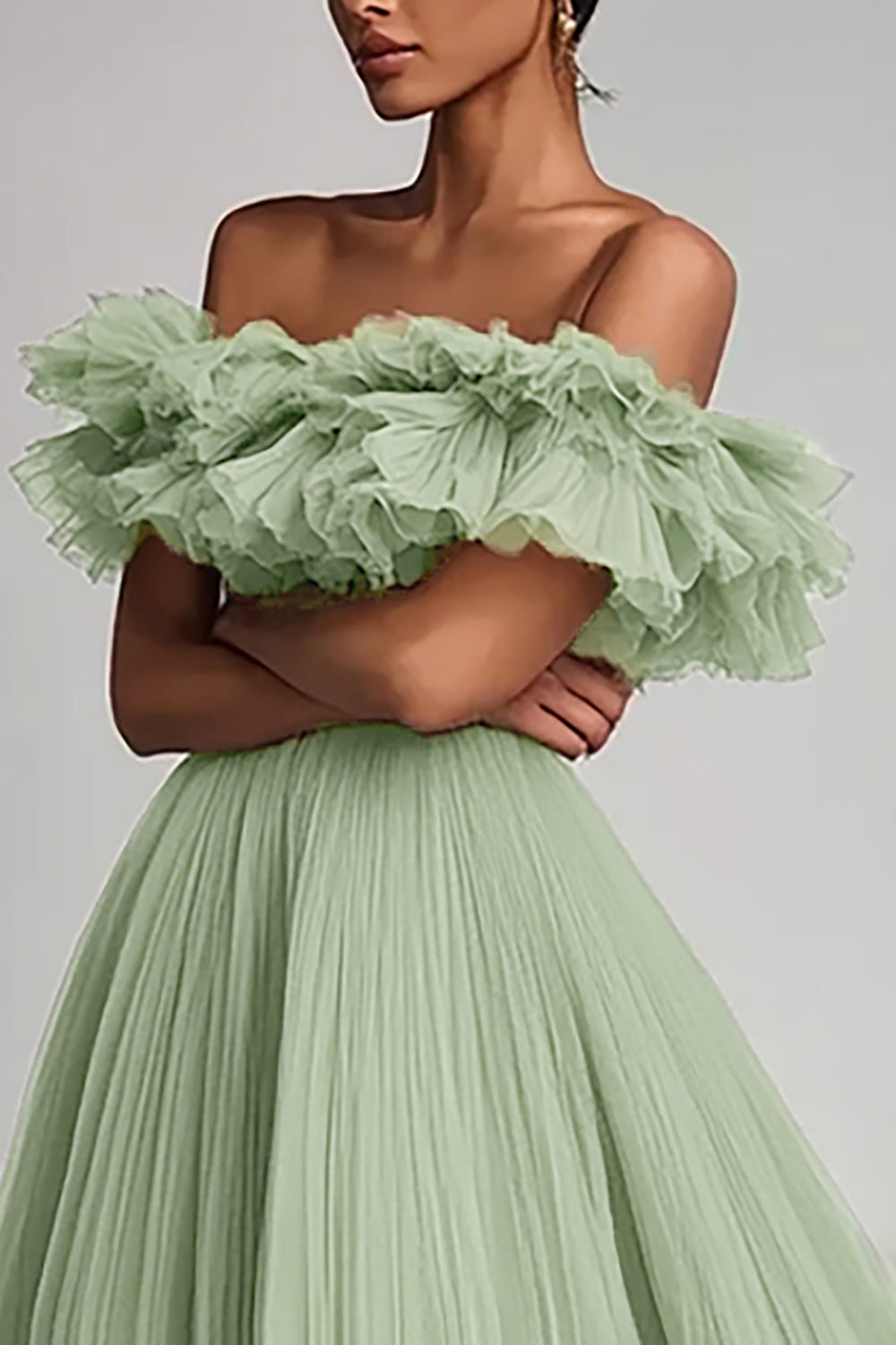 Dusty Sage Off the Shoulder Long Tulle Formal Dress with Ruffles