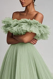 Dusty Sage Off the Shoulder Long Tulle Formal Dress with Ruffles