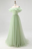 Dusty Sage Off the Shoulder Long Tulle Formal Dress with Ruffles