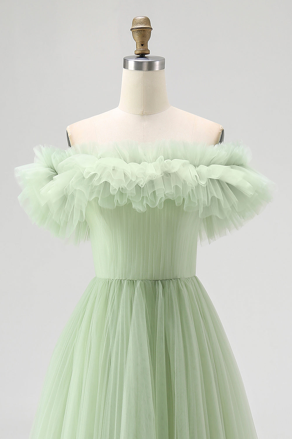 Dusty Sage Off the Shoulder Long Tulle Formal Dress with Ruffles