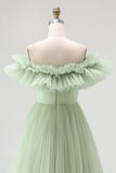 Dusty Sage Off the Shoulder Long Tulle Formal Dress with Ruffles
