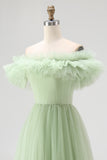 Dusty Sage Off the Shoulder Long Tulle Formal Dress with Ruffles