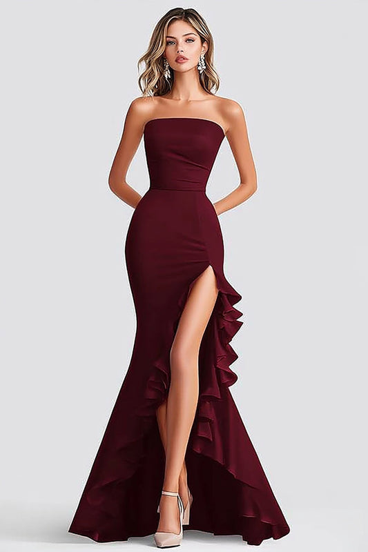 Burgundy Mermaid Square Neck Long Formal Dress with Slit