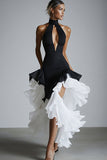 Black&White Keyhole Sheath High Low Formal Dress with Ruffles