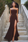 Coffee Sheath Square Neck Long Formal Dress with Slit