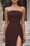 Coffee Sheath Square Neck Long Formal Dress with Slit