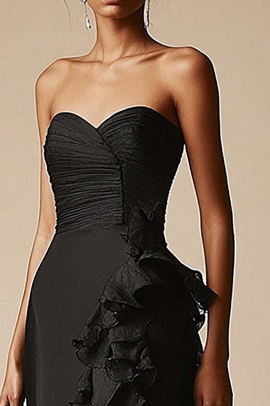 Mermaid Sweetheart Tiered Long Black Tie Dress with Ruffles