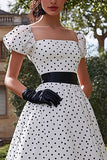 Black&White Square Neck A Line Long Formal Dress with Puff Sleeves