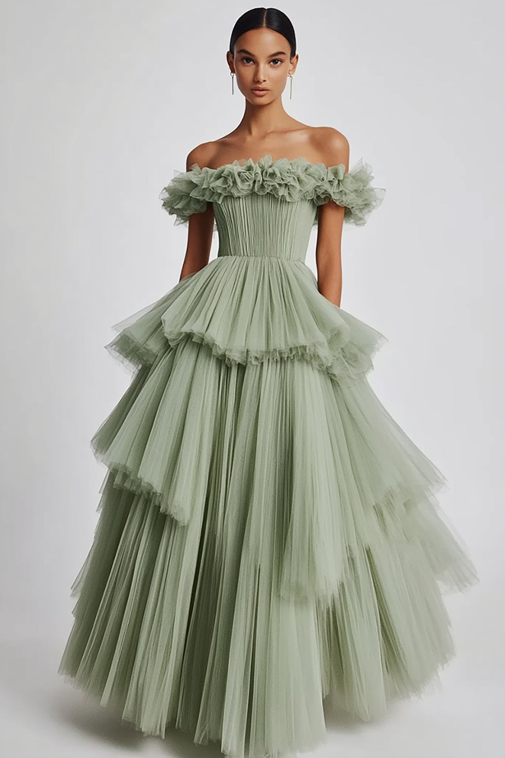 Dusty Sage Ball Gown Tulle Tiered Long Formal Dress with Ruffles Pleated Ruched Off the Shoulder Prom Dress